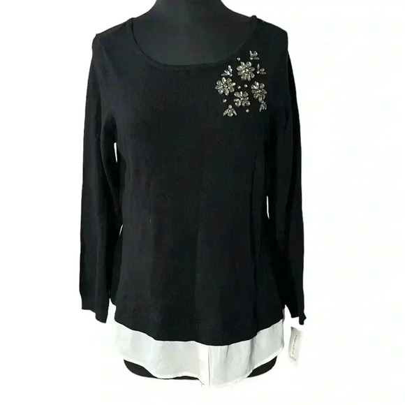 Charter Club Layered-Look Embellished Sweater Black White NWT Size L - Picture 1 of 7
